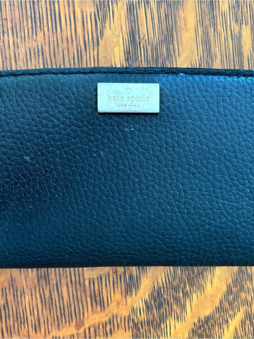 kate spade Black Pebbled Leather Card Holder with Gold Logo Plate